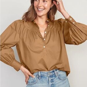 Old Navy Women’s NWT Puff-Sleeve Henley Shirt Brown Button-Up 100% Cotton Size L
